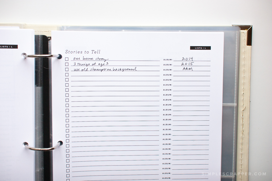 Use the Start Fresh planner from Simple Scrapper to keep track of stories.